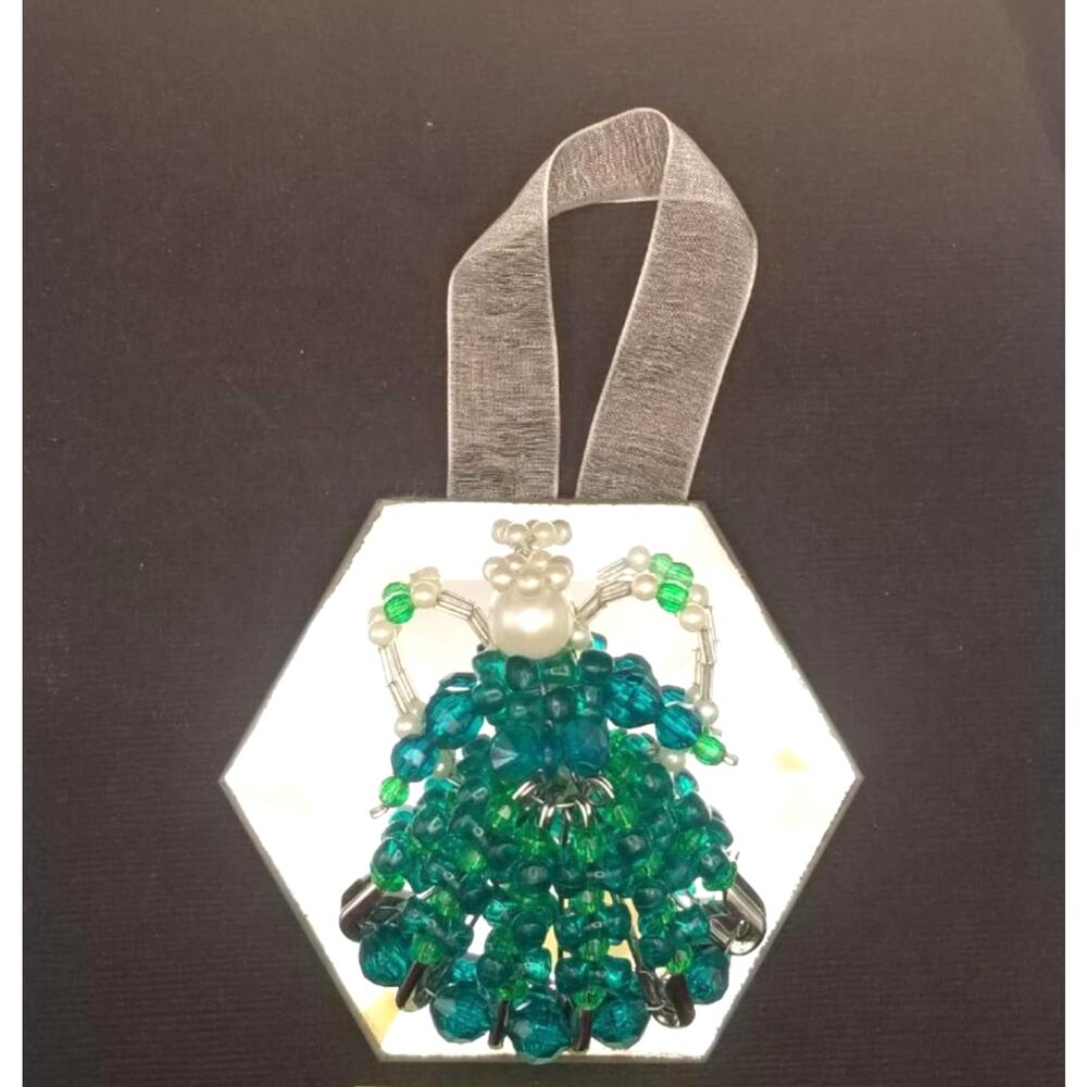 Vintage Beaded Angel Ornament on Mirror 3.5" Pearl Handmade Octagon Blue Green